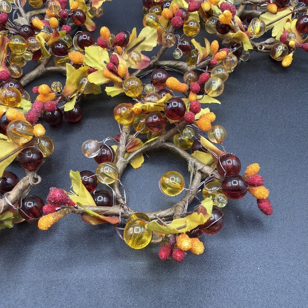 VTG Autumn Fall Beaded 1.5" Candle Rings Set Of 8 Red Yellow Orange Napkin Rings